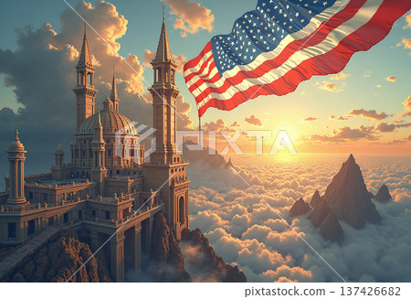 American flag flying above an ancient castle at sunset 137426682