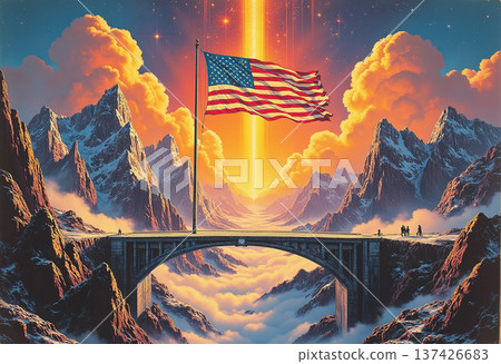 American flag flying above bridge in celestial landscape 137426683