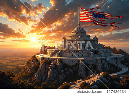 American flag flying above capitol building at sunset 137426684