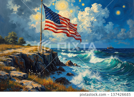American flag flying above coastal cliffs and ocean 137426685