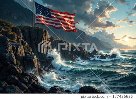 American flag flying above crashing waves rugged coast American flag flying above crashing waves rugged coast 137426686