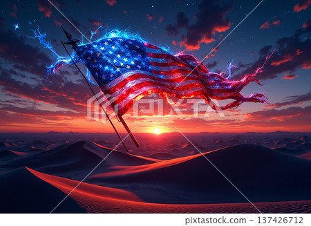 American flag glows in desert at sunset 137426712