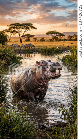 一隻河馬浸在河水中，直直地盯著我。豎拍。動物。野生動物。 137426725