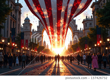 American flag hanging over grand european street American flag hanging over grand european street 137426732
