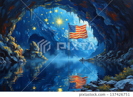 American flag in a glowing starlit cave 137426751