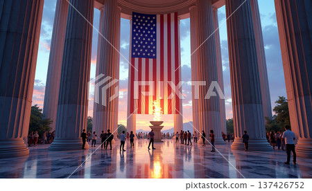 American flag in a memorial surrounded by people 137426752