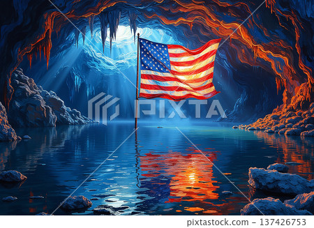 American flag in an illuminated ice cave with water 137426753