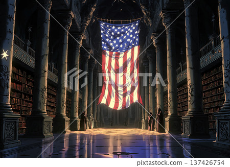 American flag in ancient library with robed figures 137426754