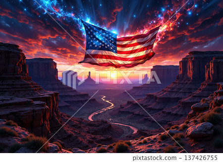 American flag in canyon at sunset 137426755