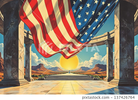 American flag in front of desert monument arch American flag in front of desert monument arch 137426764