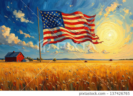 American flag in golden wheat field under blue sky painting 137426765