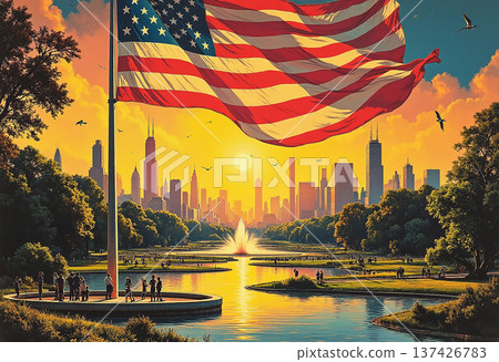 American flag in park with city skyline 137426783