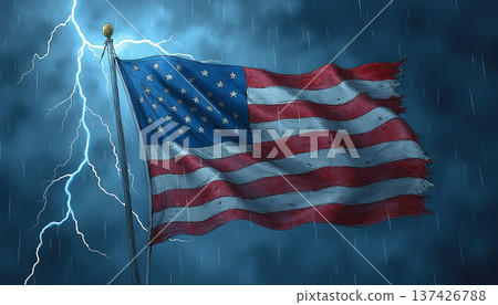 American flag in storm with lightning and heavy rain American flag in storm with lightning and heavy rain 137426788