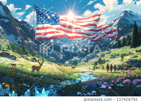 American flag in sunny mountain meadow 137426792