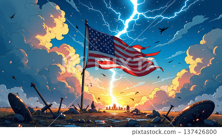 American flag lightning over a field with war remnants American flag lightning over a field with war remnants 137426800