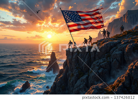 American flag on a cliff at sunset with soldiers 137426812