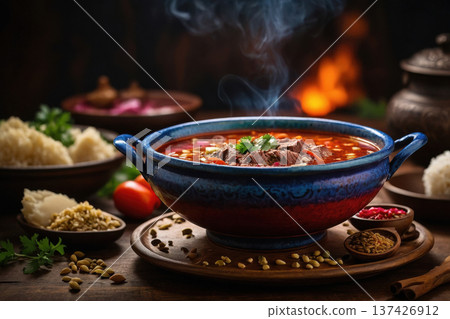 Traditional Georgian kharcho soup in bowl dinner lunch, vegetable vegetarian cuisine AI Generative 137426912
