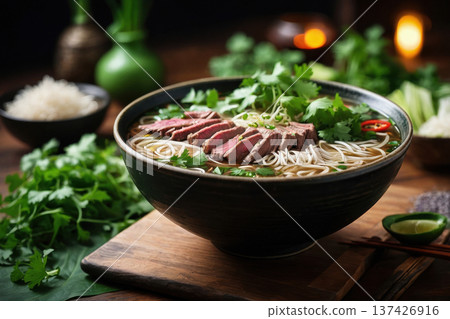 Traditional Vietnamese pho bo soup in bowl dinner lunch, vegetable vegetarian cuisine AI Generative 137426916