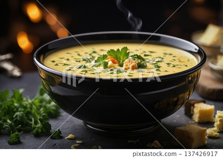 Traditional organic cheese soup in bowl dinner lunch, vegetable vegetarian cuisine AI Generative 137426917