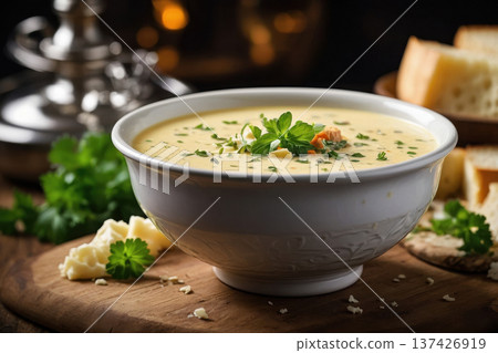 Traditional organic cheese soup in bowl dinner lunch, vegetable vegetarian cuisine AI Generative 137426919