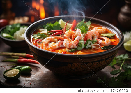 Traditional tom yum Thai Laos soup in bowl dinner lunch, vegetable vegetarian cuisine AI Generative 137426920