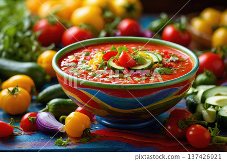Traditional Spanish gazpacho cold soup bowl dinner lunch, vegetable vegetarian cuisine AI Generative 137426921