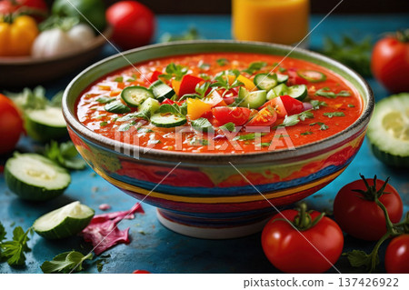 Traditional Spanish gazpacho cold soup bowl dinner lunch, vegetable vegetarian cuisine AI Generative 137426922
