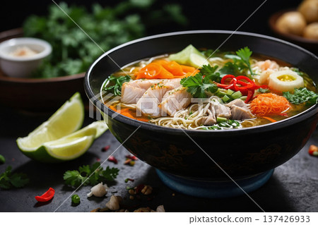 Traditional Burmese Mohinga soup in bowl dinner lunch, vegetable vegetarian cuisine AI Generative 137426933