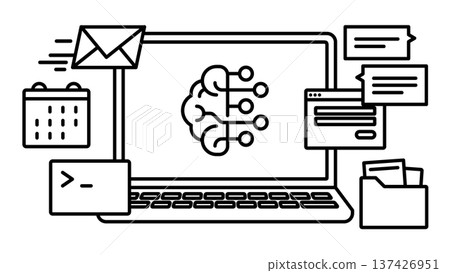 AI代理在筆記型電腦上運行各種應用程式。線條粗細可變。 AI代理在筆記型電腦上運行各種應用程式。線條粗細可變。 137426951