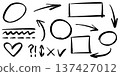 Hand drawn black marker doodle set of arrows, circles, squares, and decorative marks isolated on white background. 137427012