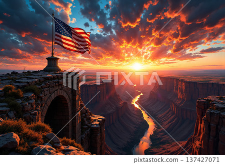 American flag on cliff edge at sunset American flag on cliff edge at sunset 137427071