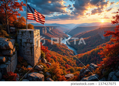 American flag on cliff overlooking autumn river canyon American flag on cliff overlooking autumn river canyon 137427075