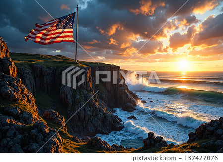 American flag on cliff overlooking ocean at sunset American flag on cliff overlooking ocean at sunset 137427076