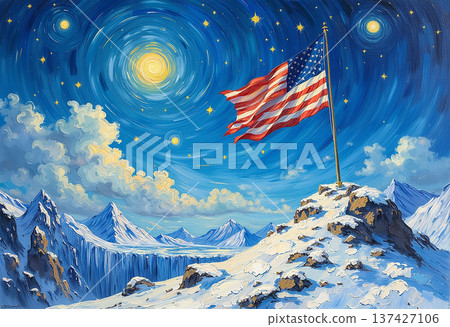 American flag on mountain with unique celestial patterns American flag on mountain with unique celestial patterns 137427106