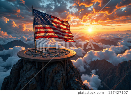 American flag on mountaintop above clouds sunset American flag on mountaintop above clouds sunset 137427107