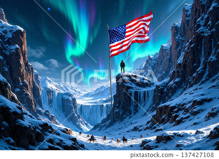 American flag on mountaintop under colorful aurora borealis 137427108