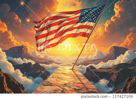 American flag on pathway in epic desert landscape American flag on pathway in epic desert landscape 137427109