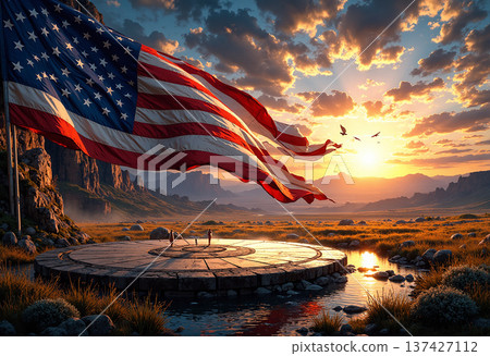 American flag on platform in vast natural landscape American flag on platform in vast natural landscape 137427112