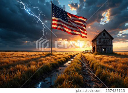 American flag on pole in field with storm and sunset 137427113