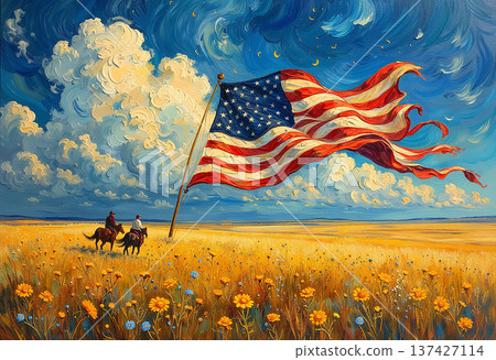 American flag on prairie with cowboys and wildflowers American flag on prairie with cowboys and wildflowers 137427114
