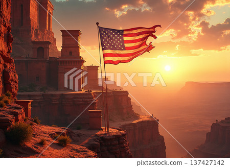 American flag over canyon by ancient ruins sunset 137427142