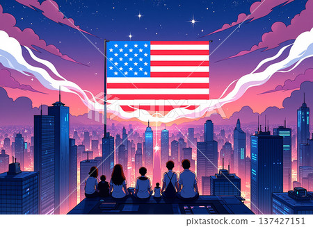 American flag over city skyline at night with people 137427151