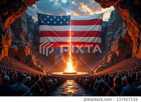 American flag over fire in cave amphitheater with crowd American flag over fire in cave amphitheater with crowd 137427159