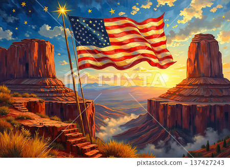 American flag over grand canyon with radiant sunset American flag over grand canyon with radiant sunset 137427243