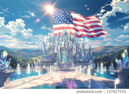 American flag over grand crystal palace with mountains American flag over grand crystal palace with mountains 137427250