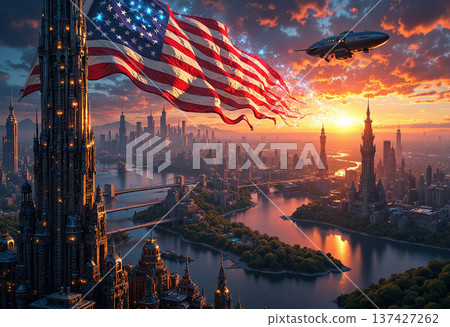 American flag over majestic city with futuristic vehicle American flag over majestic city with futuristic vehicle 137427262