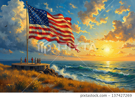 American flag over ocean at sunset with people watching American flag over ocean at sunset with people watching 137427269