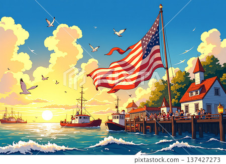 American flag over pier with boats and ocean American flag over pier with boats and ocean 137427273