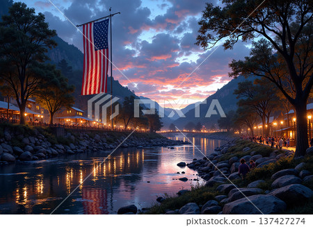 American flag over riverside town at dusk 137427274