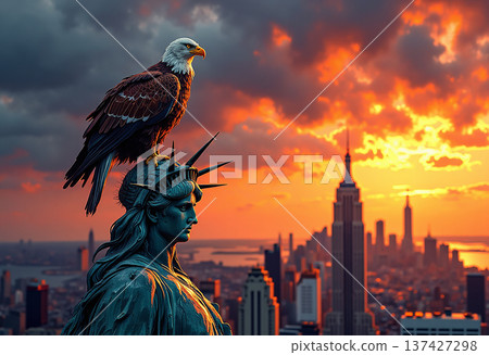 American bald eagle perches on statue of liberty American bald eagle perches on statue of liberty 137427298